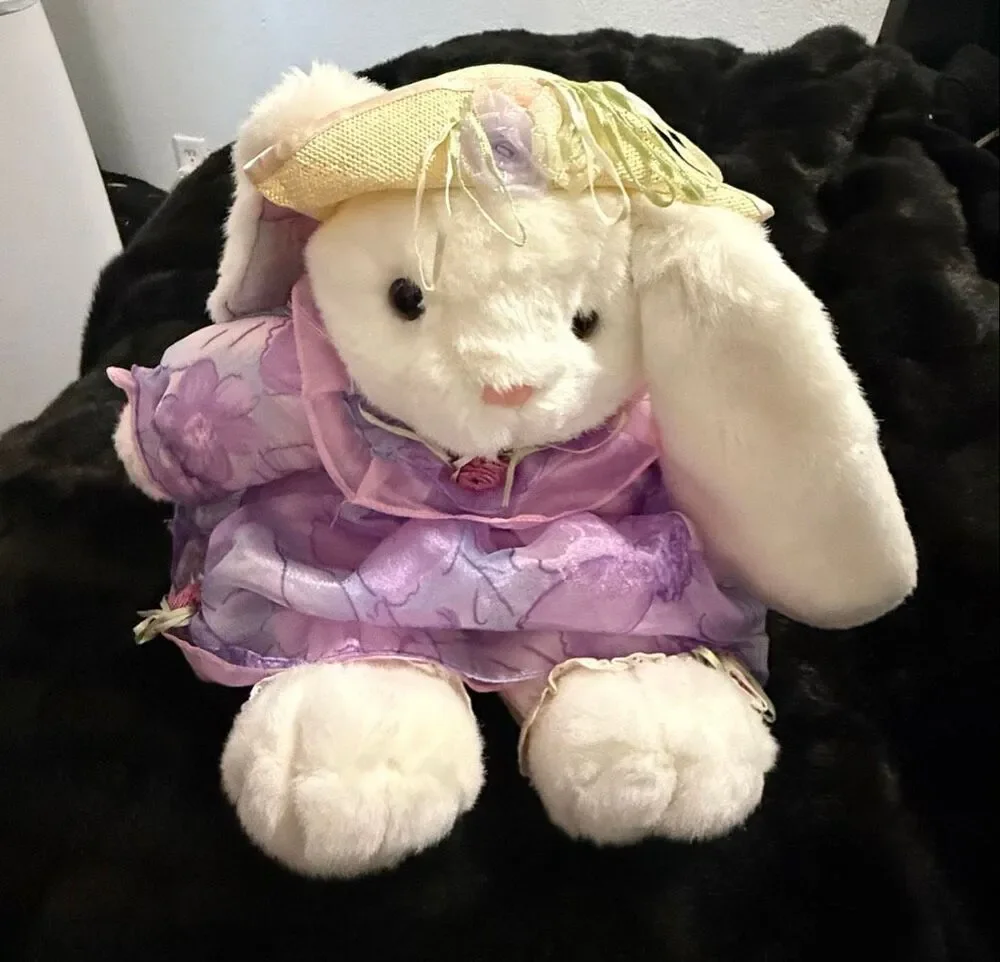 Vintage 1993 Plush Creations Tall White Bunny With Hat And purple Floral Dress
